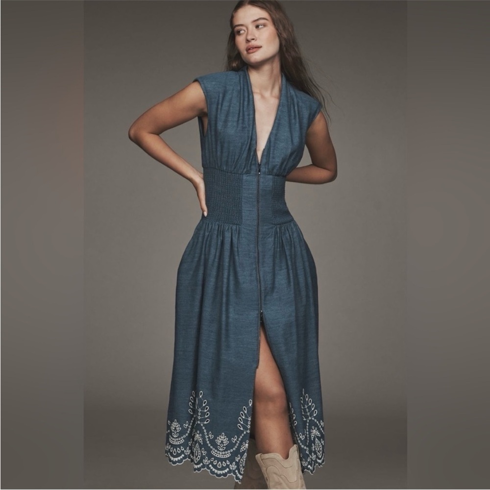 Anthropologie The Tommie Denim Chambray Zip Front Eyelet Trim Dress Blue XSP NWT